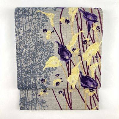 中古）袋帯 グレー セミフォーマル 六通 織り 金糸 カラーの花 絹