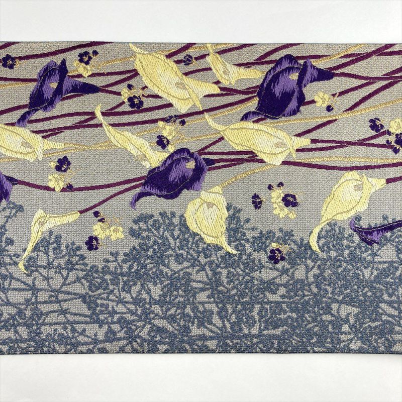 絹＋金糸 グレー系 段暈し織×立涌 六通柄 袋帯 ガード加工 美品 絹＋金糸 グレー系 段暈し織×立涌 六通柄 袋帯