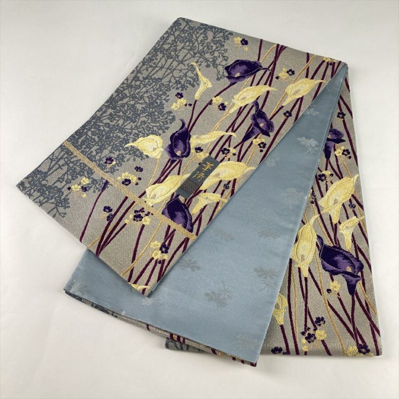中古）袋帯 グレー セミフォーマル 六通 織り 金糸 カラーの花 絹