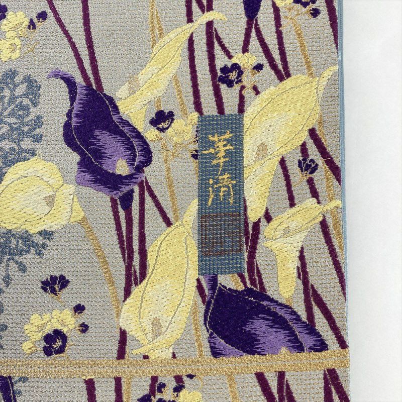 中古）袋帯 グレー セミフォーマル 六通 織り 金糸 カラーの花 絹