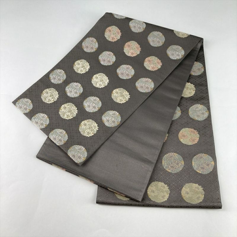 箔屋清兵衛　六通　袋帯　花丸文　灰色　源氏鼠　草木染　美品 箔屋清兵衛 六通 袋帯 花丸文 灰色 源氏鼠 草木染 美品 箔