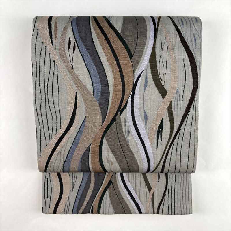 中古）袋帯 グレー カジュアル 全通 織り アルマン モダン 波 絹