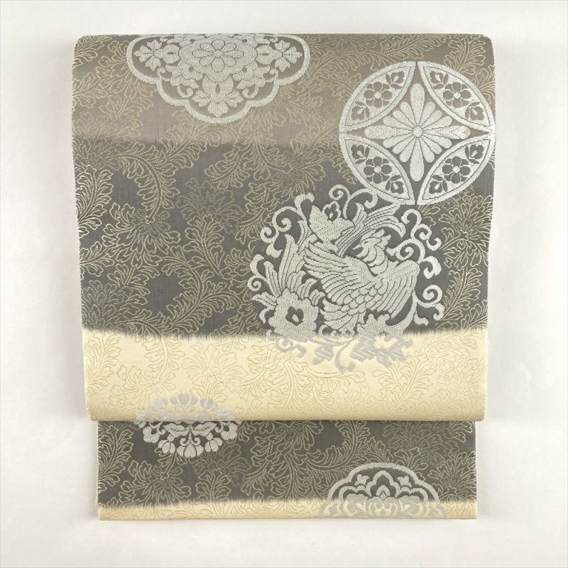 512my45◆白鳴 螺鈿細工 袋帯 セキレイ 白銀◆美品 中古）袋帯 クリーム グレー セミフォーマル 六通 織り 横段 吉祥文 絹