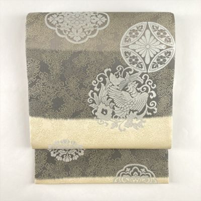 中古）袋帯 クリーム グレー セミフォーマル 六通 織り 横段 吉祥文 絹