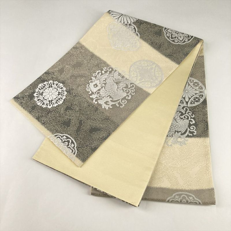 中古）袋帯 クリーム グレー セミフォーマル 六通 織り 横段 吉祥文 絹