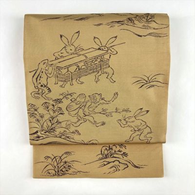中古）袋帯 芥子色 黄 カジュアル 六通 織り 鳥獣戯画 絹