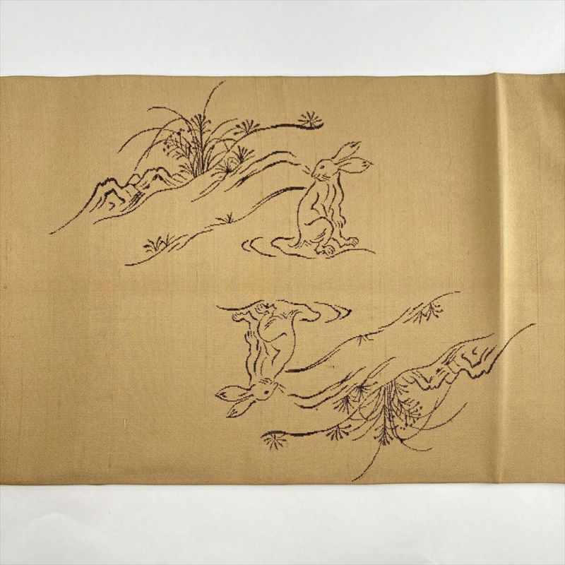 中古）袋帯 芥子色 黄 カジュアル 六通 織り 鳥獣戯画 絹