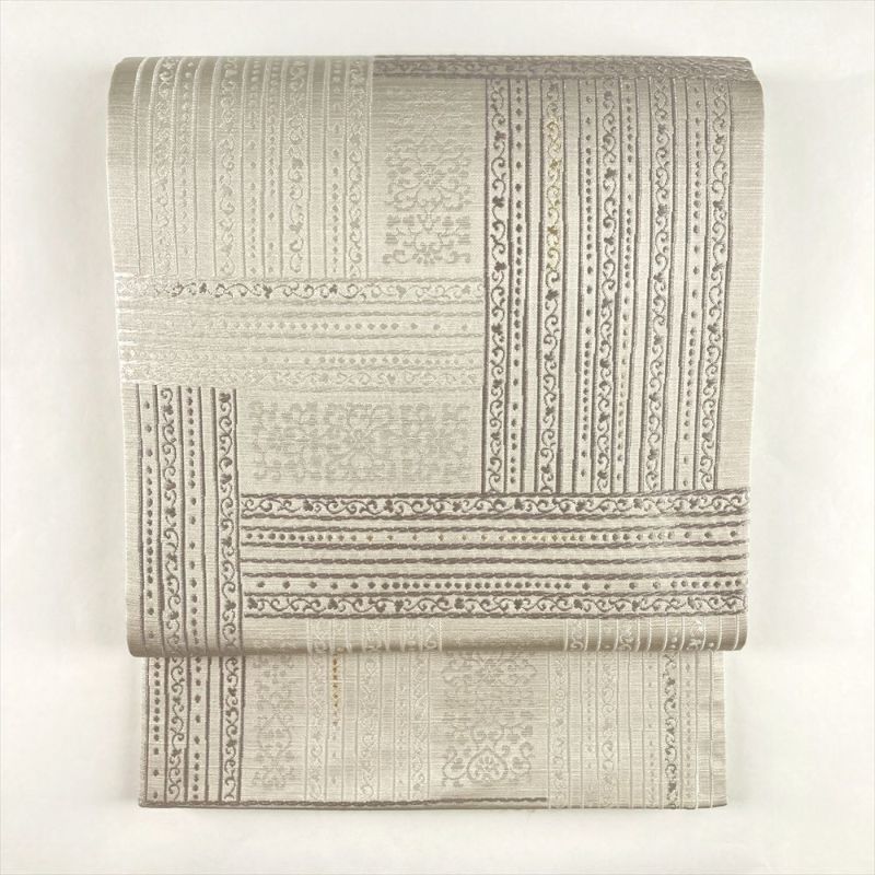 中古）袋帯 白銀 セミフォーマル 六通 両面 リバーシブル 織り 銀糸