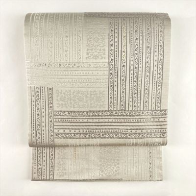 中古）袋帯 白銀 セミフォーマル 六通 両面 リバーシブル 織り 銀糸