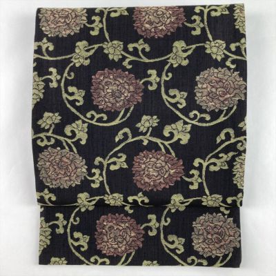 中古）袋帯 黒茶 カジュアル セミフォーマル 六通 織り 牡丹唐草 絹
