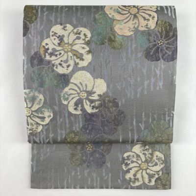 中古）袋帯 グレー セミフォーマル 六通 織り 金糸 銀糸 五弁の花 絹