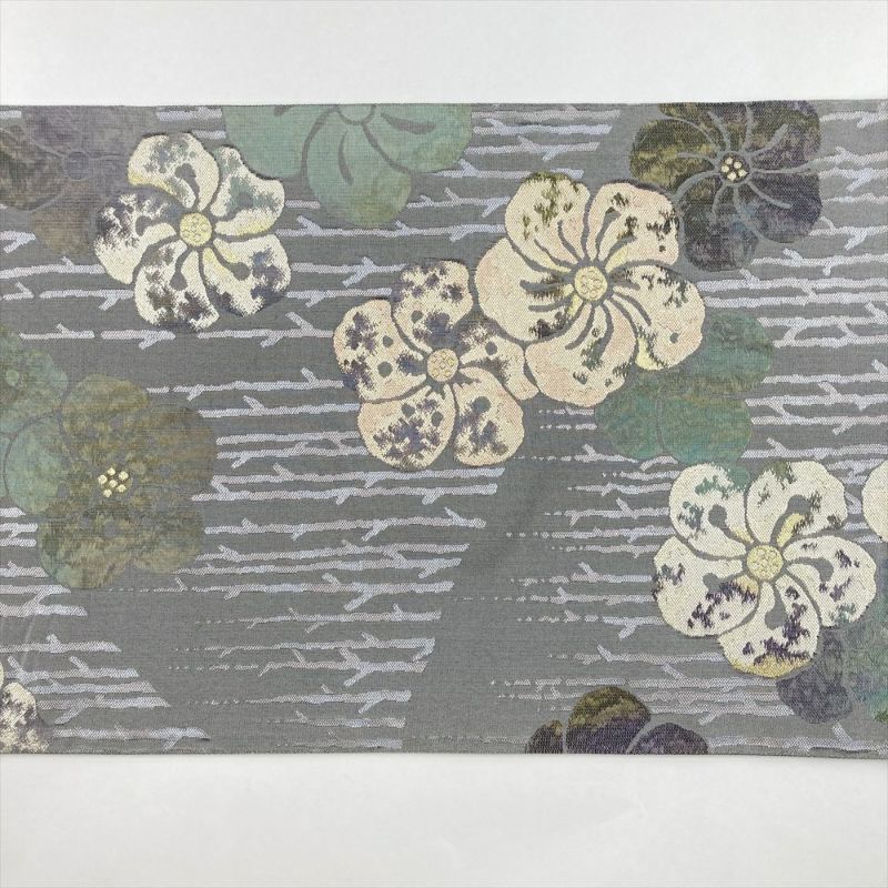 中古）袋帯 グレー セミフォーマル 六通 織り 金糸 銀糸 五弁の花 絹
