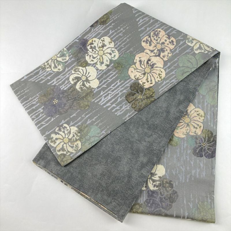 絹＋金糸 グレー系 段暈し織×立涌 六通柄 袋帯 ガード加工 美品 絹＋金糸 グレー系 段暈し織×立涌 六通柄 袋帯