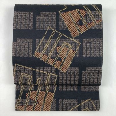 中古）袋帯 黒 カジュアル セミフォーマル 全通 織り 金糸 源氏香