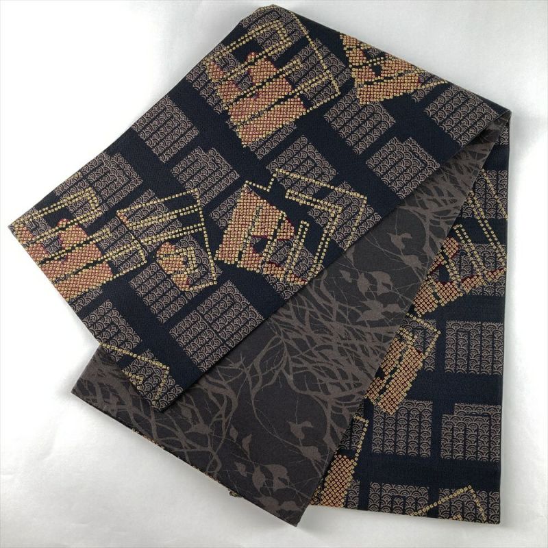 507y15☆長尺 袋帯 六通 金糸 斜め間道 モダン 黒☆美品 成人式 結婚式 中古）袋帯 黒 カジュアル セミフォーマル 全通 織り 金糸 源氏香