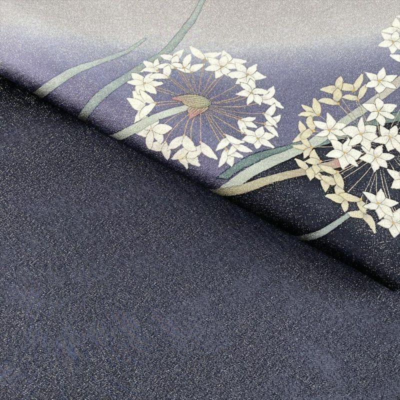 中古）袋帯 グレー 紺 カジュアル 六通 金通し 染め 手描き 花葱 絹