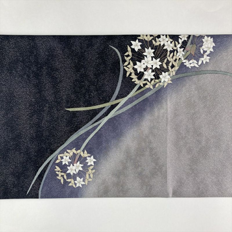 中古）袋帯 グレー 紺 カジュアル 六通 金通し 染め 手描き 花葱 絹