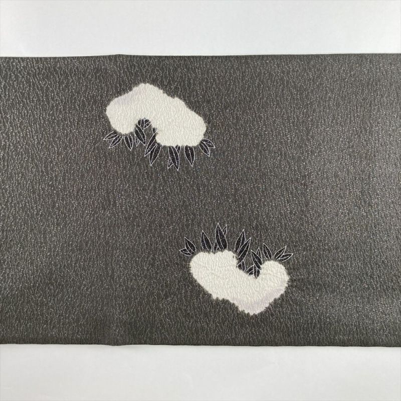 中古）袋帯 灰緑 グレー カジュアル 六通 銀通し 染め 絞り 雪持ち 松