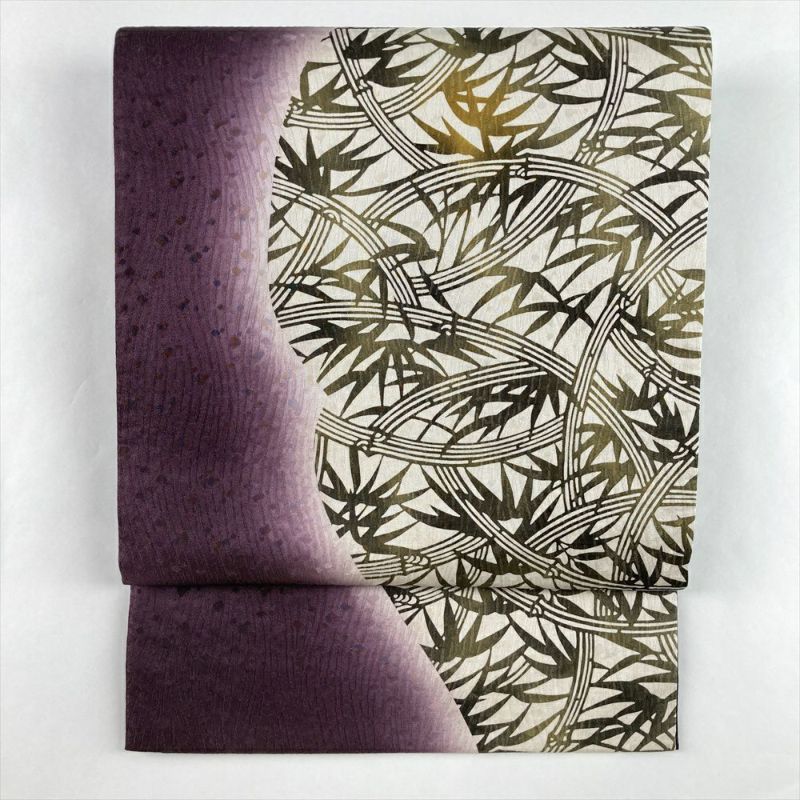 中古）袋帯 濃紫 カジュアル 六通 地紋織り 染め 笹 絹