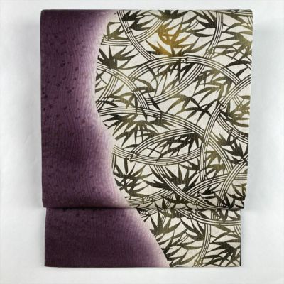 中古）袋帯 濃紫 カジュアル 六通 地紋織り 染め 笹 絹