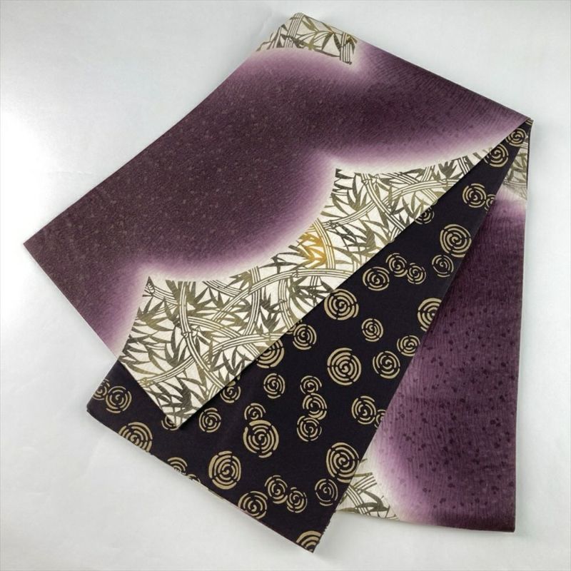 中古）袋帯 濃紫 カジュアル 六通 地紋織り 染め 笹 絹