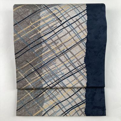 牛首紬 袋帯 グレー 波模様 美品】 袋帯 逸品 落款あり 牛首紬 幾何学模様 金彩 青灰色 全通 正絹