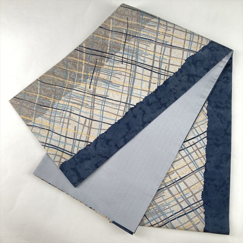 中古）袋帯 グレー カジュアル 全通 牛首紬 染め 変わり斜め格子 絹