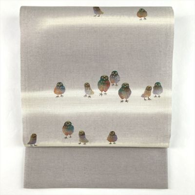 中古）袋帯 グレー カジュアル 六通 銀糸 金彩 銀彩 梟 フクロウ 絹