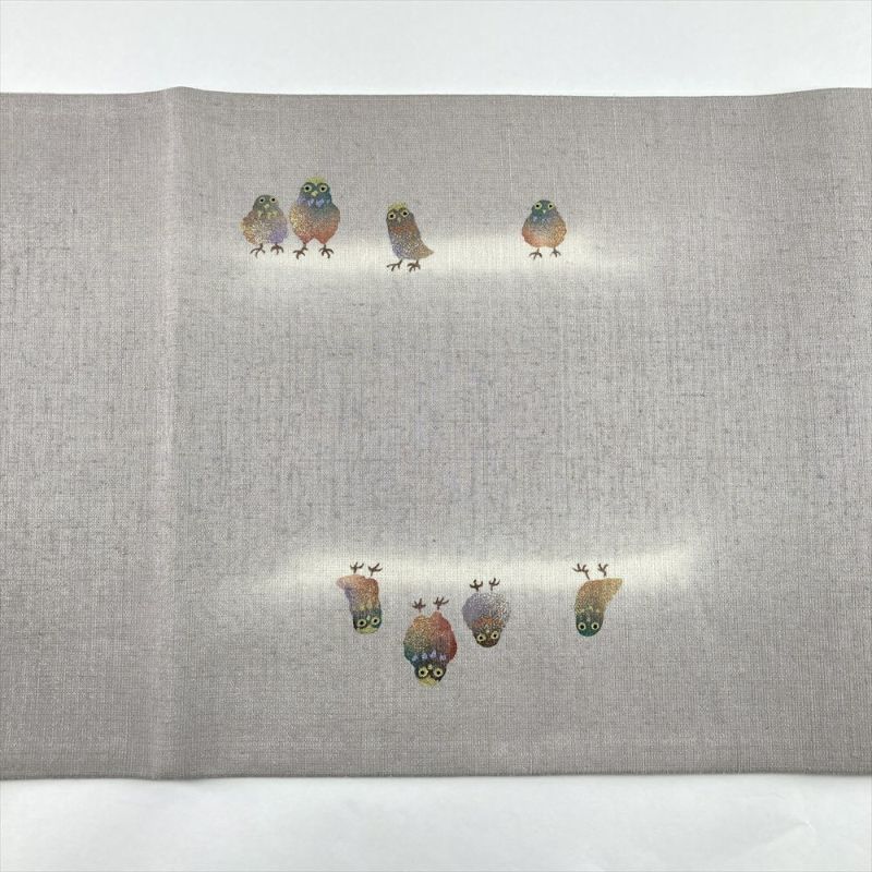 中古）袋帯 グレー カジュアル 六通 銀糸 金彩 銀彩 梟 フクロウ 絹