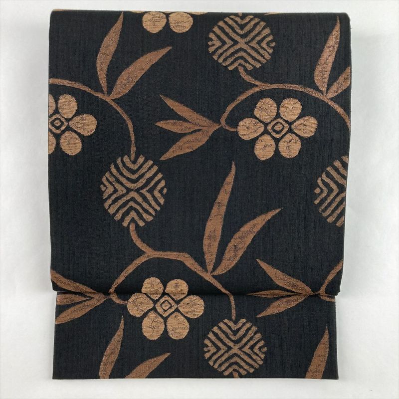 中古）袋帯 黒茶 カジュアル 六通 織り 笹蔓文 絹