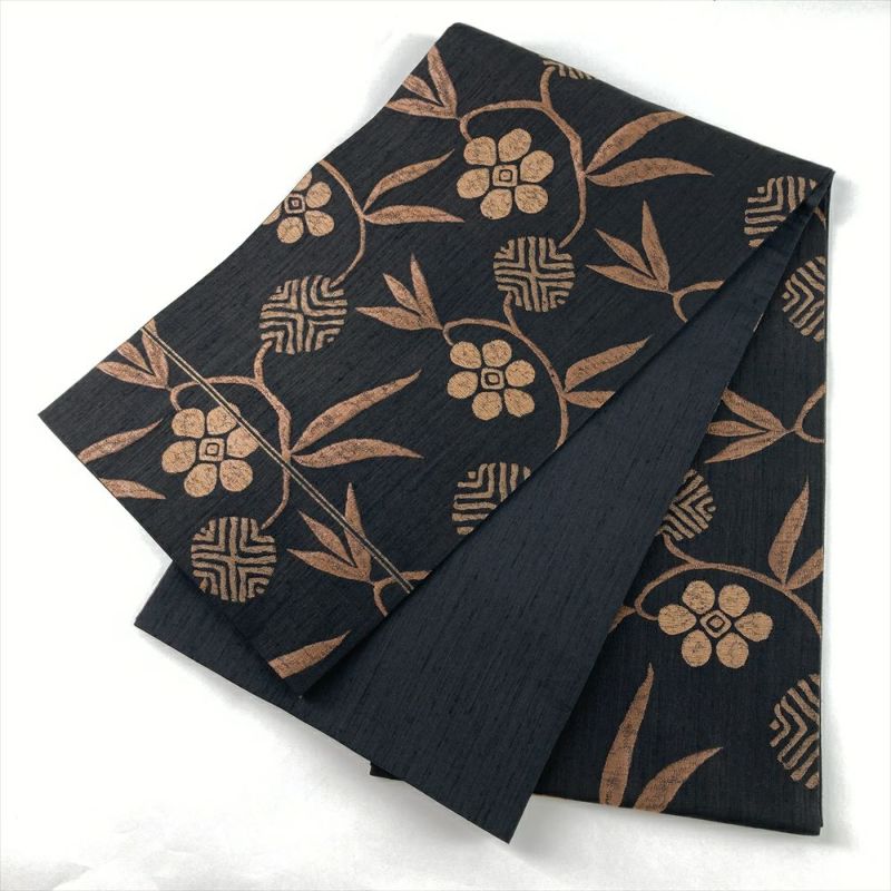 中古）袋帯 黒茶 カジュアル 六通 織り 笹蔓文 絹