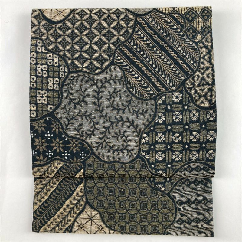 中古）袋帯 深緑 カジュアル 六通 織り 寄せ柄 絹