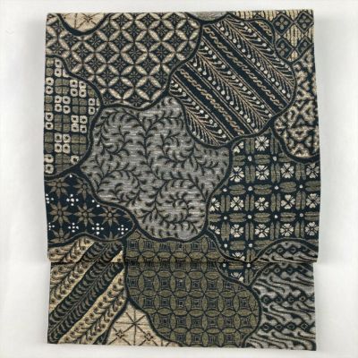 中古）袋帯 深緑 カジュアル 六通 織り 寄せ柄 絹