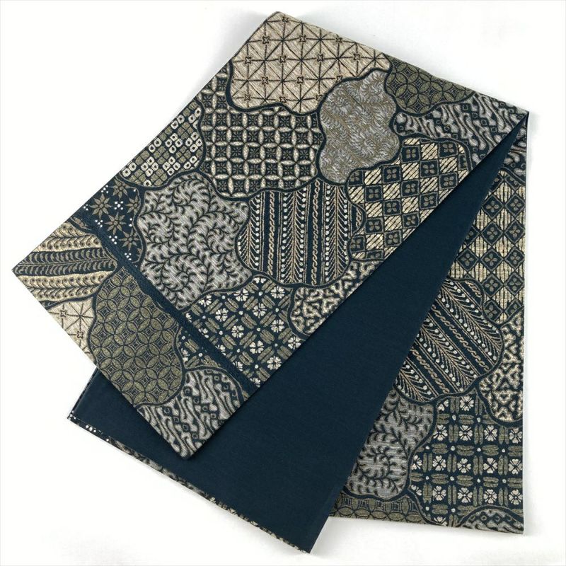 中古）袋帯 深緑 カジュアル 六通 織り 寄せ柄 絹