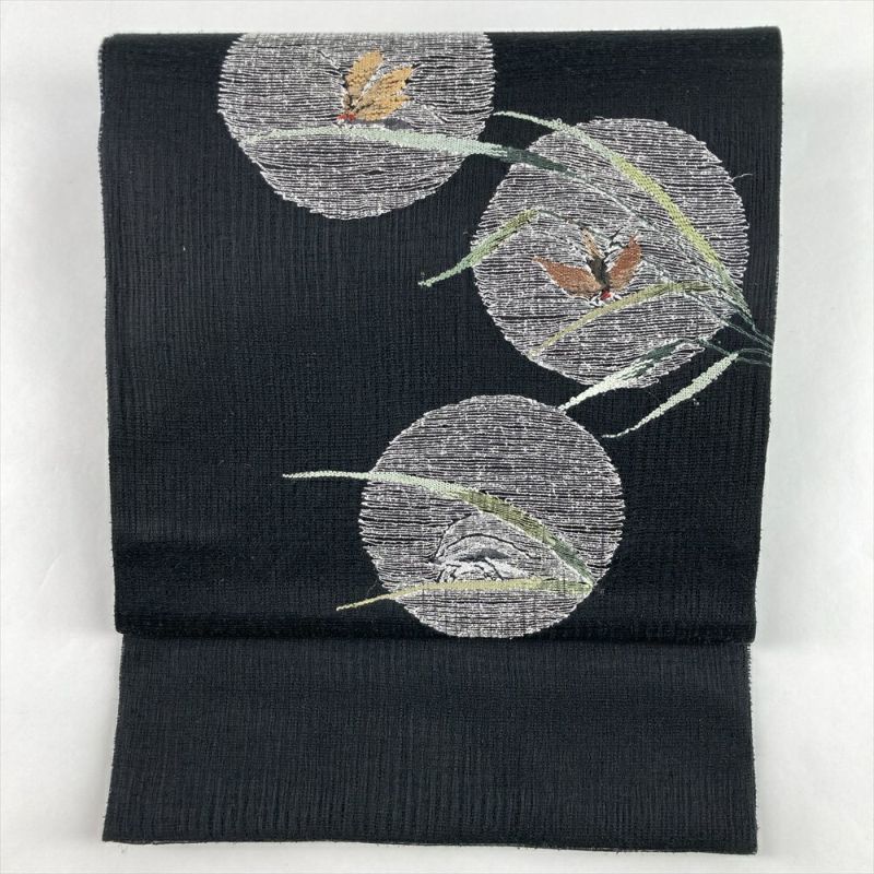 中古）夏袋帯 黒 カジュアル 六通 織り 銀糸 鈴虫 絹