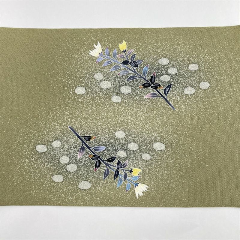 中古）名古屋帯 モスグリーン 緑 カジュアル 開き仕立て 縮緬 染め