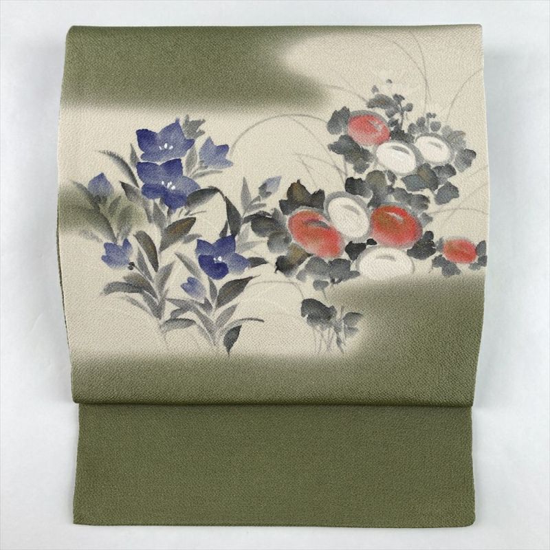 中古）名古屋帯 モスグリーン 緑 カジュアル 名古屋仕立て 縮緬 染め