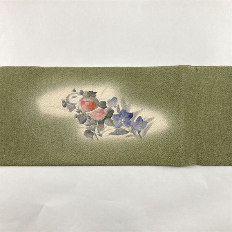 中古）名古屋帯 モスグリーン 緑 カジュアル 名古屋仕立て 縮緬 染め