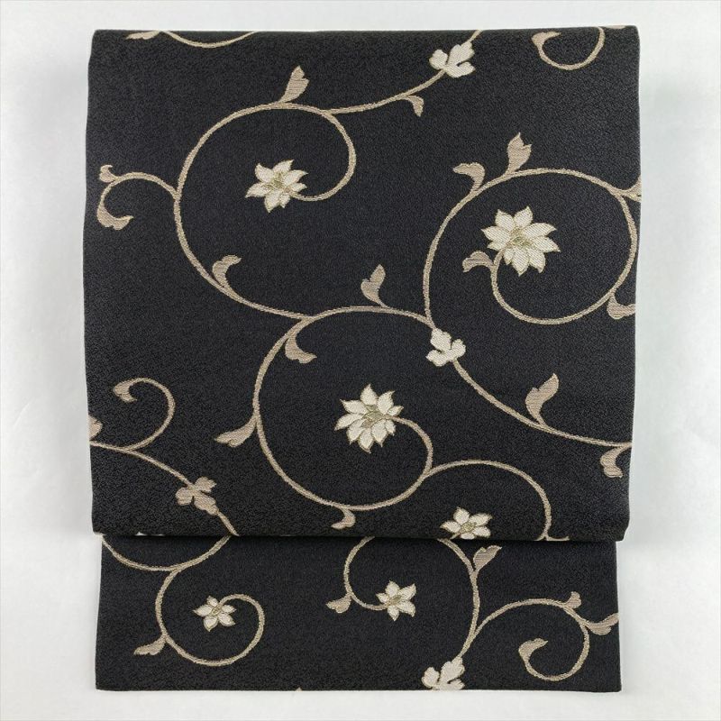 中古）名古屋帯 チャコール 墨黒 濃グレー カジュアル 名古屋仕立て