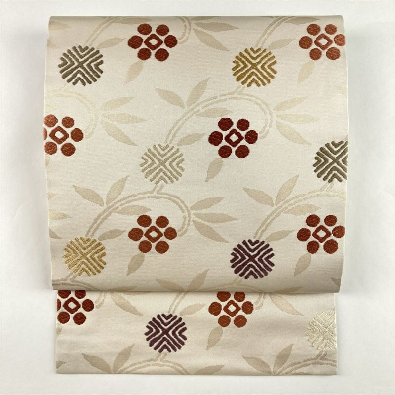 中古）名古屋帯 薄白茶 生成り カジュアル 名古屋仕立て 織り 笹蔓文 絹