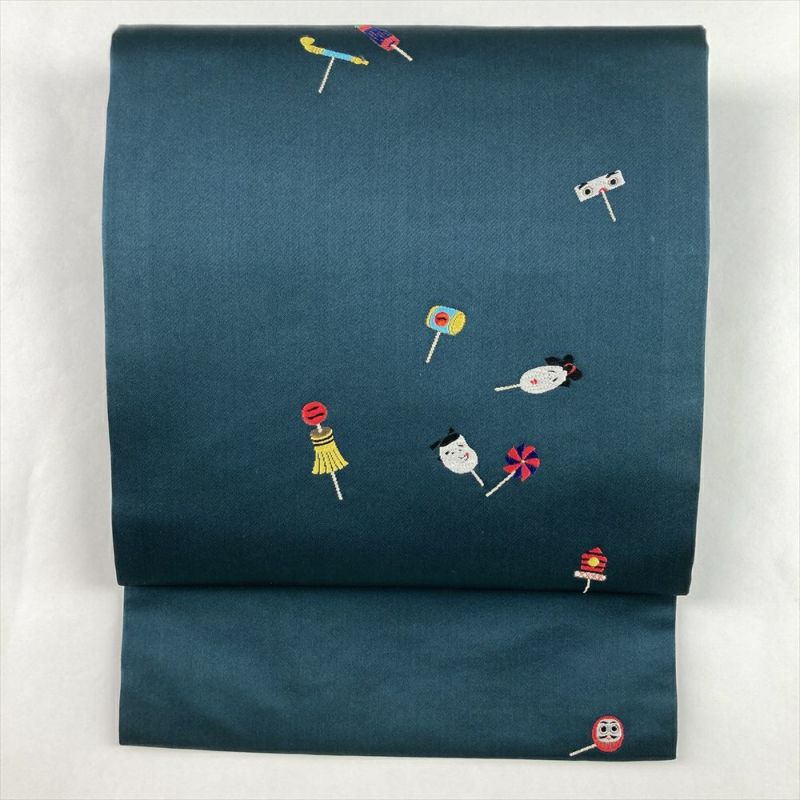 中古）名古屋帯 深緑 カジュアル 名古屋仕立て 織り あめ細工 絹