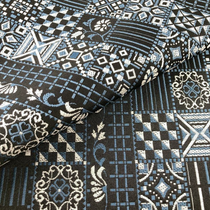 中古）名古屋帯 黒 カジュアル 松葉仕立て 織り 幾何学 花草文 絹