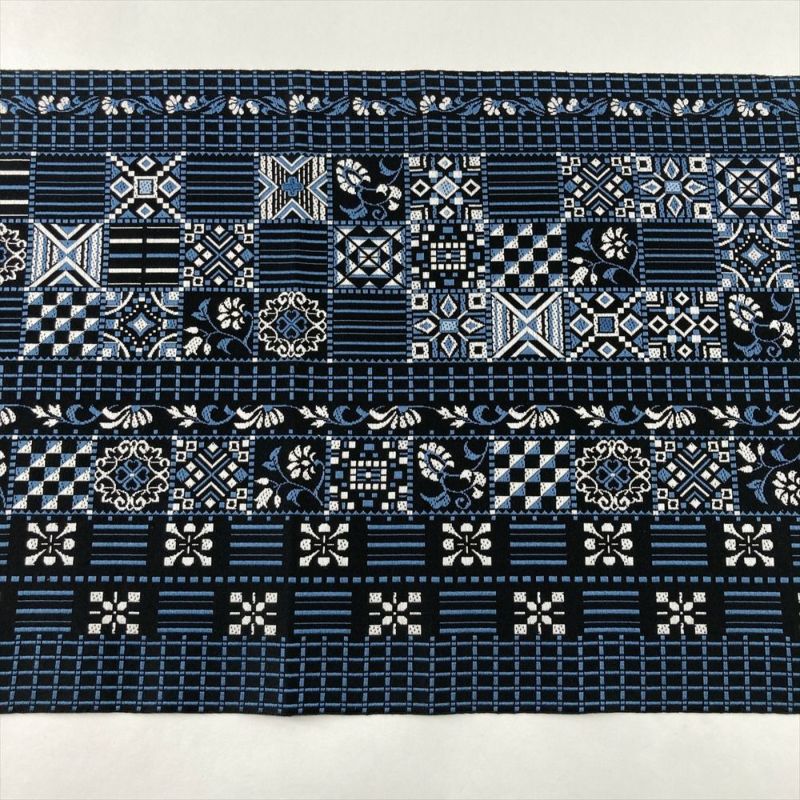 d*9様 ●厳選●未使用同然●珍しい裂織●名古屋帯●松葉仕立●372.5㎝●裂き 中古）名古屋帯 黒 カジュアル 松葉仕立て 織り 幾何学 花草文 絹