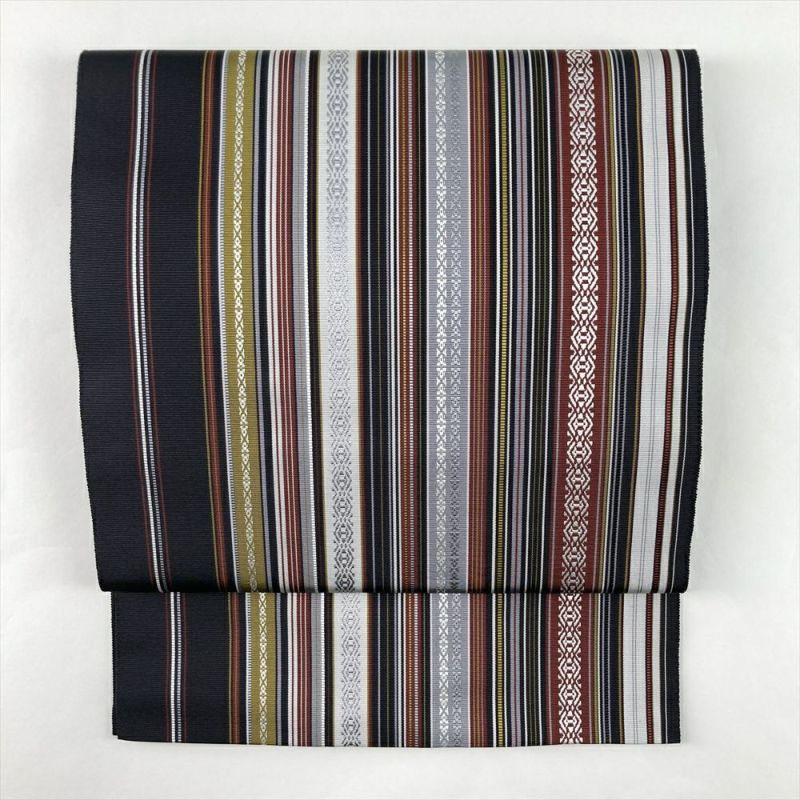 中古）名古屋帯 黒 カジュアル 松葉仕立て 博多織 献上柄 絹