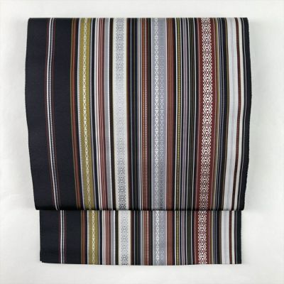 中古）名古屋帯 黒 カジュアル 松葉仕立て 博多織 献上柄 絹