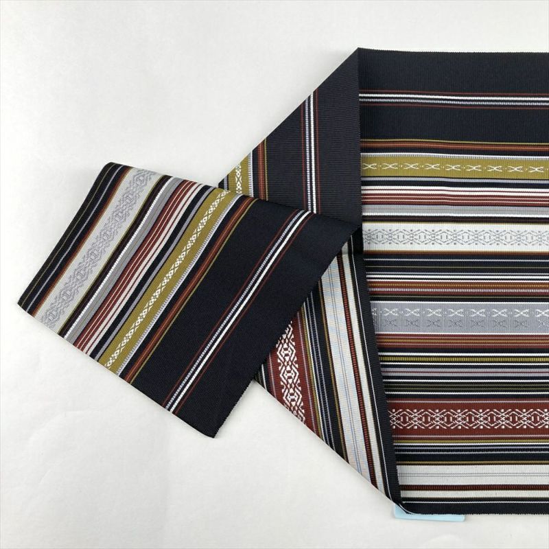 中古）名古屋帯 黒 カジュアル 松葉仕立て 博多織 献上柄 絹