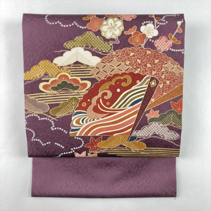 中古）名古屋帯 紫 カジュアル 名古屋仕立て 染め 金駒刺繍 梅 松 扇子 絹