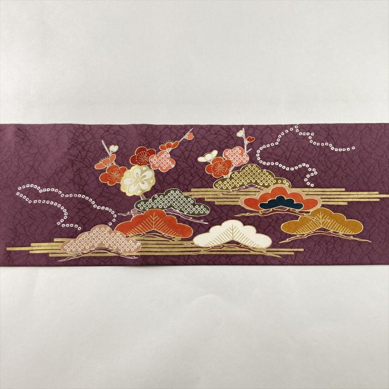 中古）名古屋帯 紫 カジュアル 名古屋仕立て 染め 金駒刺繍 梅 松 扇子 絹
