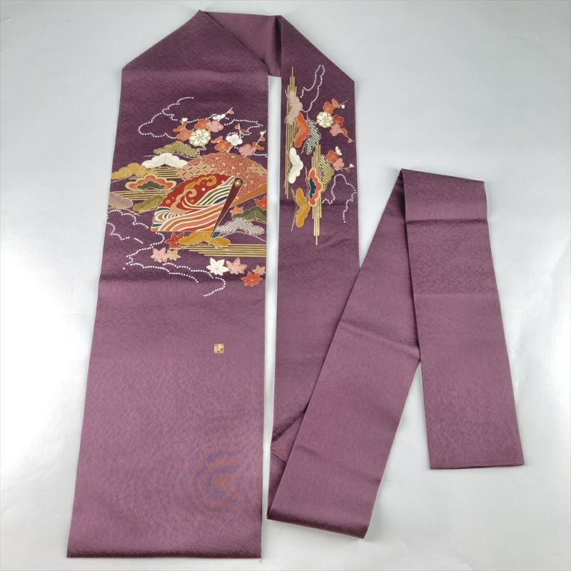 中古）名古屋帯 紫 カジュアル 名古屋仕立て 染め 金駒刺繍 梅 松 扇子 絹