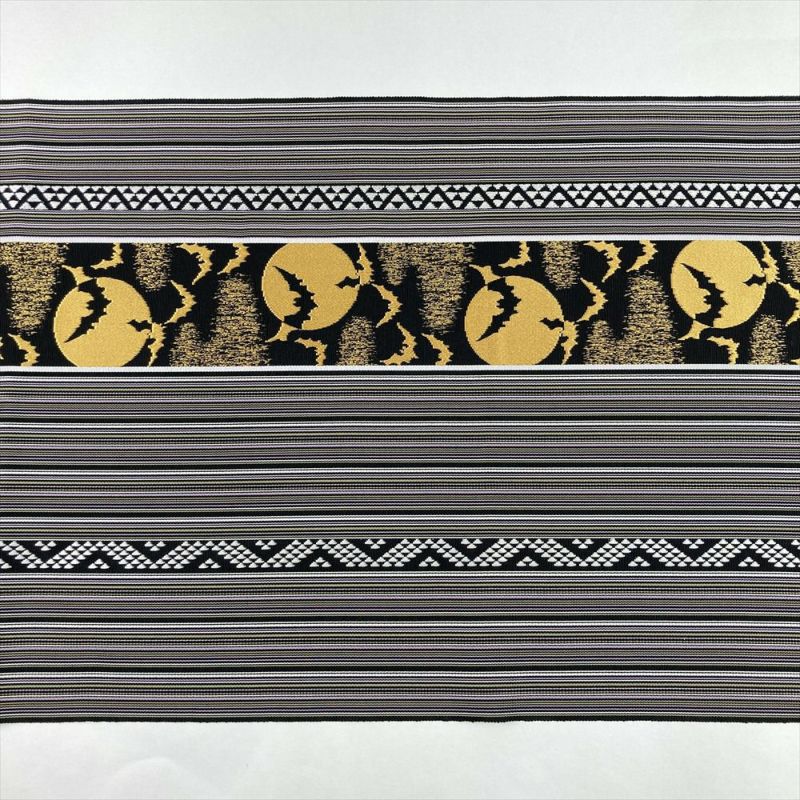 中古）名古屋帯 黒 カジュアル 松葉仕立て 博多織 縞 に蝙蝠 絹